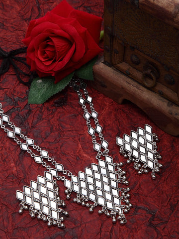 Silver-Plated Mirror Work Triangular Shaped Brass Jewellery Set