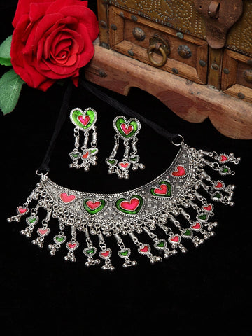 Oxidized Silver-Plated Stone-Studded & Ghungaroo Beaded Jewellery Set