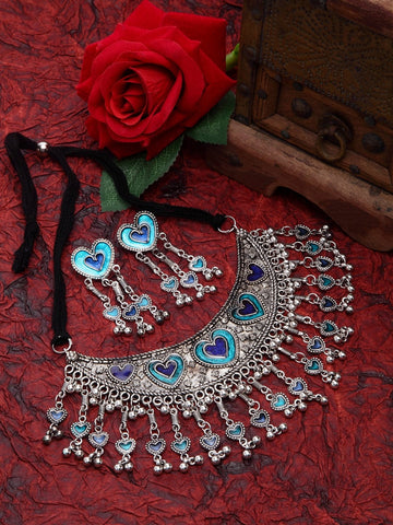 Women Oxidised Silver Plated Handcrafted Meenakari Jewellery Set