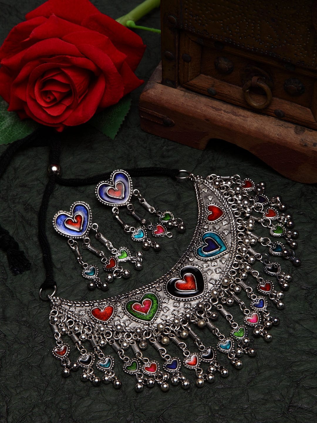 Silver Meenakari Work Afghan Tasselled Oxidised Handcrafted Jewellery Set