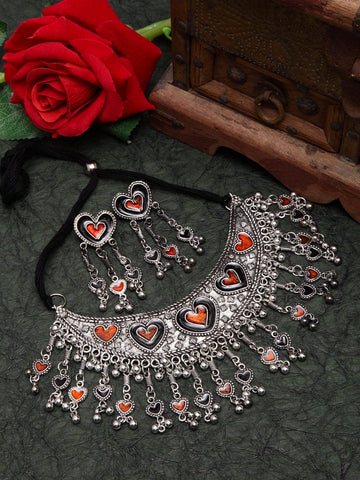 Oxidised Silver-Plated Meenakari Handcrafted Jewellery Set