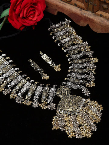 Oxidised Gold-Plated White & Silver-Toned Crystal-Studded & Beaded Handcrafted Tribal Jewellery Set
