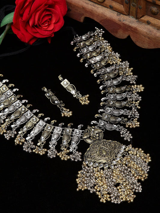 Oxidised Gold-Plated White & Silver-Toned Crystal-Studded & Beaded Handcrafted Tribal Jewellery Set