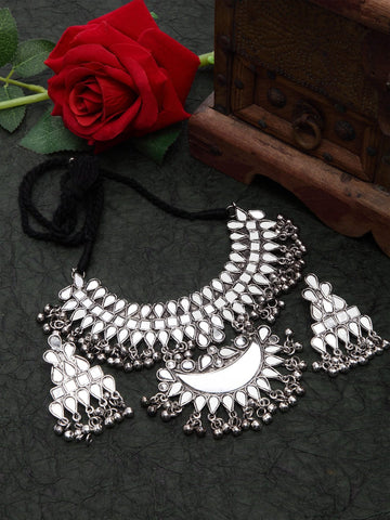 Oxidised Silver-Plated Mirror-Studded & Beaded Jewellery Set
