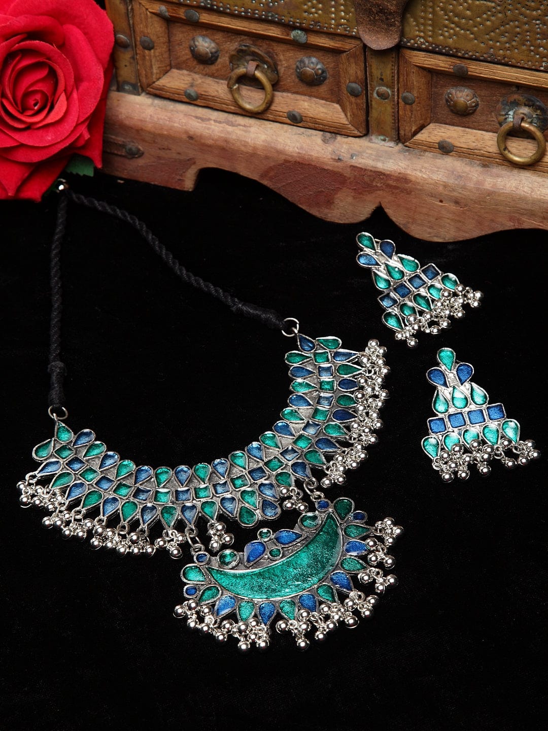 Blue & Green Silver-Plated Afghan Oxidized Meenakari Choker Jewellery Set