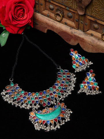 Silver-Plated Stones Studded & Beaded Jewellery Set