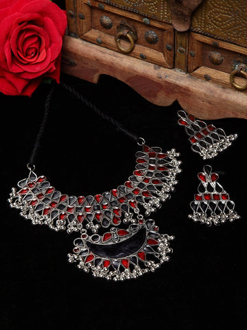 Oxidised Silver-Plated Red Stone-Studded Meenakari Jewellery Set