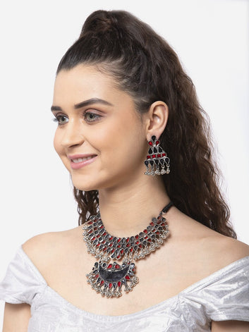 Oxidised Silver-Plated Red Stone-Studded Meenakari Jewellery Set