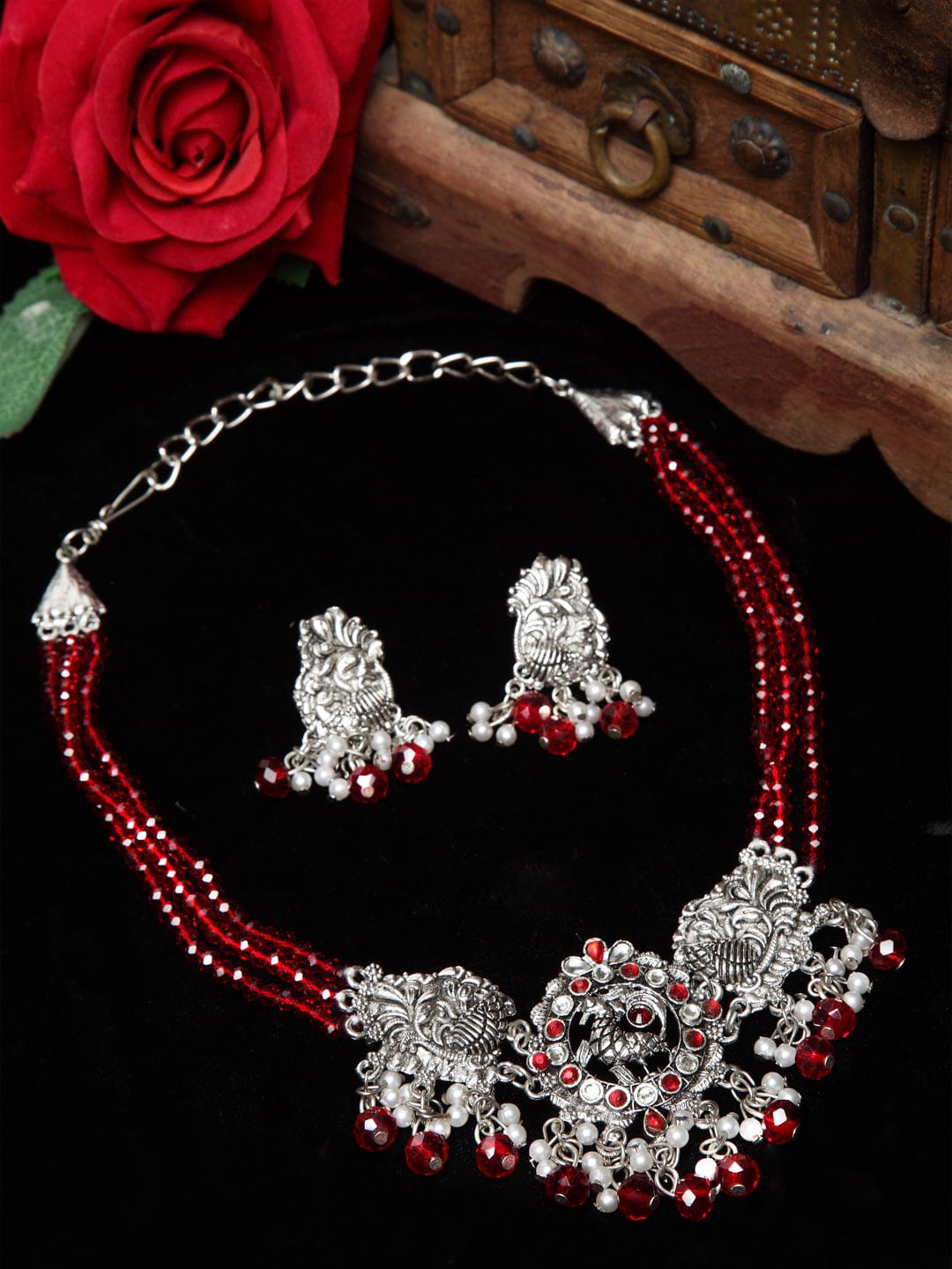 Oxidized Silver-Plated Crystal-Studded & Pearl Beaded Jewellery Set