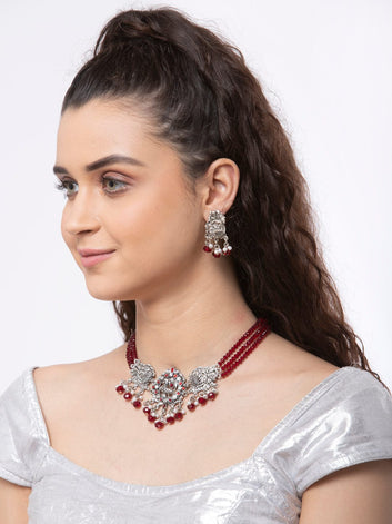 Oxidized Silver-Plated Crystal-Studded & Pearl Beaded Jewellery Set