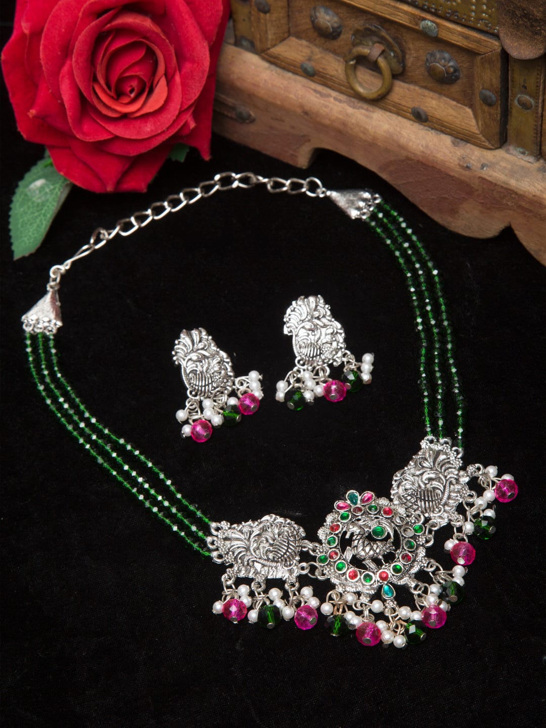 Green & Pink Temple Design Silver-Plated Crystal Oxidized Choker Jewellery Set