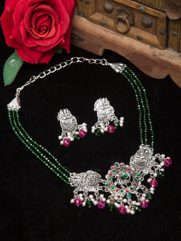 Green & Pink Temple Design Silver-Plated Crystal Oxidized Choker Jewellery Set