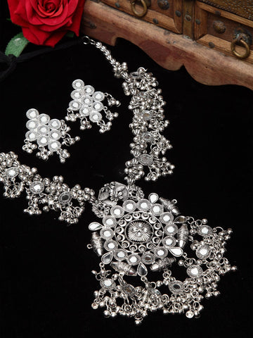 Oxidized Silver-Plated Mirror-Studded Floral Design Handcrafted Tasselled Jewellery Set