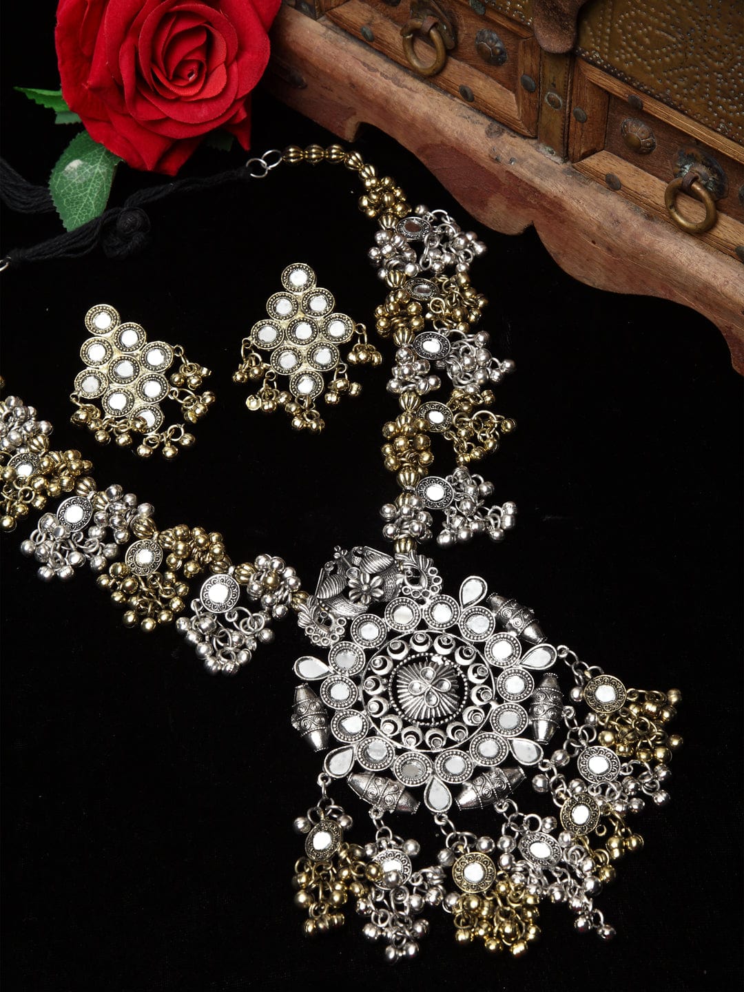 Gold Plated Mirrors Studded Handcrafted Floral Oxidised Tasselled Jewellery Set