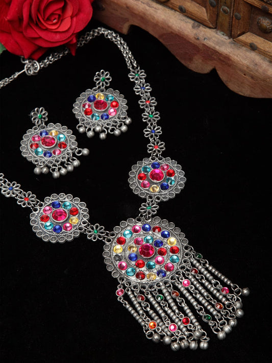 Multi Stone Handcrafted Afghan Design Oxidised Tasselled Jewellery Set