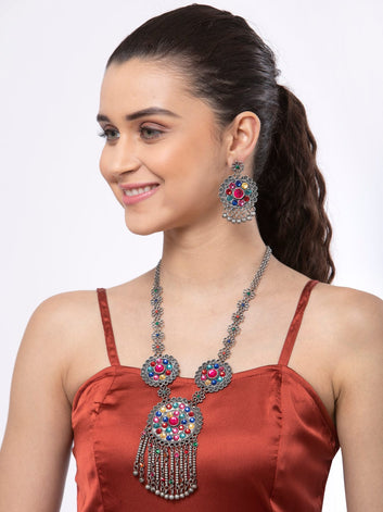 Multi Stone Handcrafted Afghan Design Oxidised Tasselled Jewellery Set