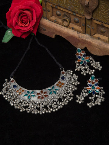 Oxidised Silver-Plated Red & Green Stone-Studded & Beaded Meenakari Jewellery Set