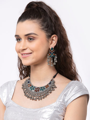 Oxidised Silver-Plated Red & Green Stone-Studded & Beaded Meenakari Jewellery Set