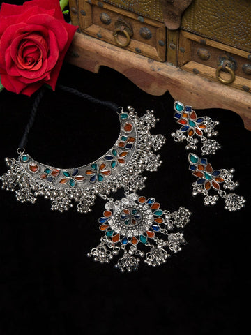 Oxidized Silver-Plated Blue & Red Stone-Studded Handcrafted Afghan Jewellery Set