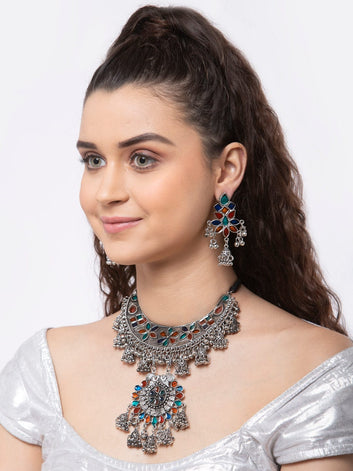 Oxidized Silver-Plated Blue & Red Stone-Studded Handcrafted Afghan Jewellery Set