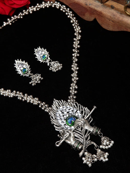 Silver Plated Stone Studded Temple Design Handcrafted Krishna Jewellery Set