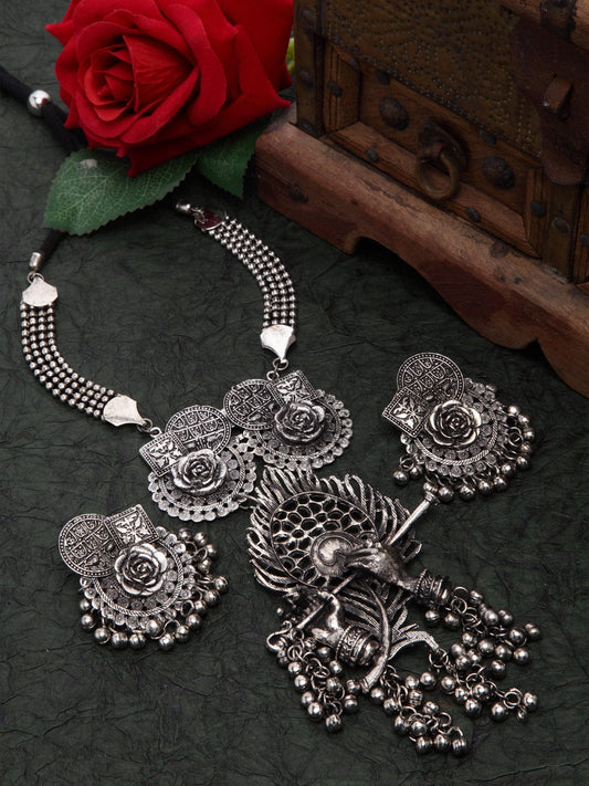 Silver-Toned Brass Silver-Plated Temple Jewellery Set