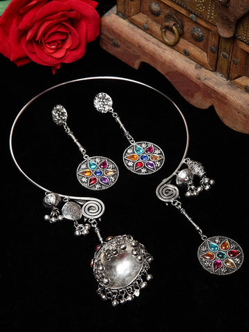 Multicoloured Silver-PlatedHandcrafted Tasseled Oxidised Jewellery Set