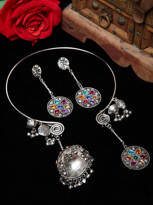 Multicoloured Silver-PlatedHandcrafted Tasseled Oxidised Jewellery Set