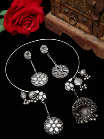 Silver Plated White Stone Studded Tasselled Oxidised Handcrafted Jewellery Set