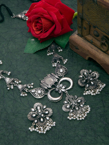 Oxidised Silver-Plated White Stone Studded & Beaded Handcrafted Jewellery Set