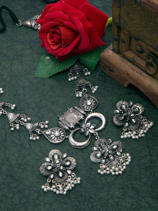 Oxidised Silver-Plated White Stone Studded & Beaded Handcrafted Jewellery Set