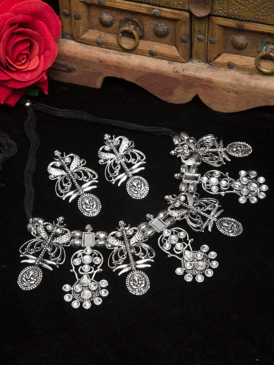 Woman Oxidised Silver-Plated White Crystal-Studded Mirror Temple Jewellery Set