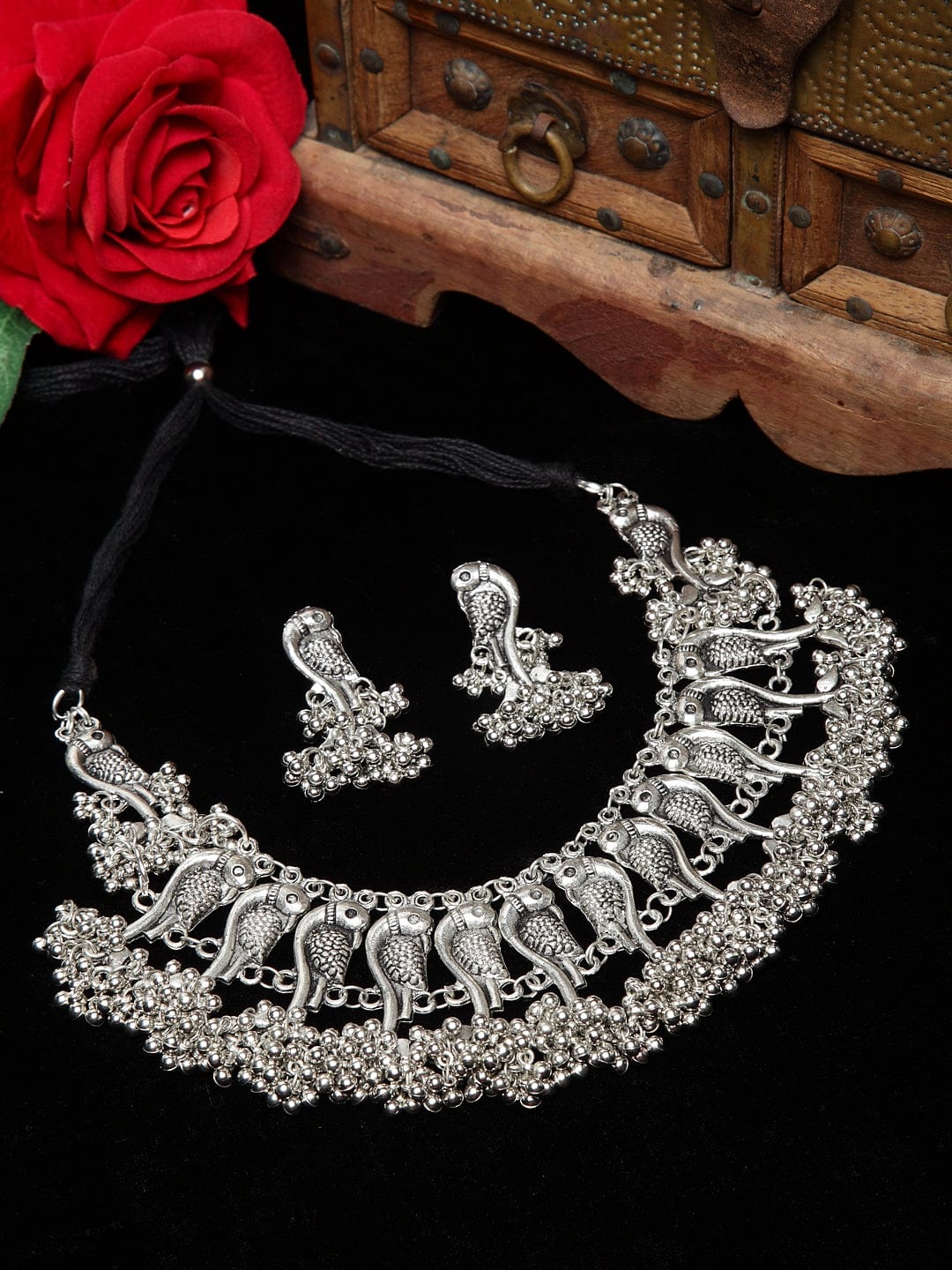 Silver-Toned Tasselled Handcrafted Oxidised Jewellery Set