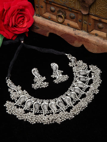 Silver-Toned Tasselled Handcrafted Oxidised Jewellery Set