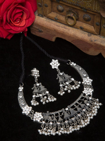 Silver-Plated White Stone Studded Filgree Worked Handcrafted Jewellery Set