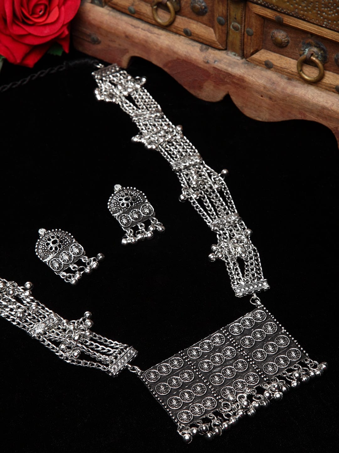 Silver-Plated Ghungroo-Studded Oxidised Jewellery Set