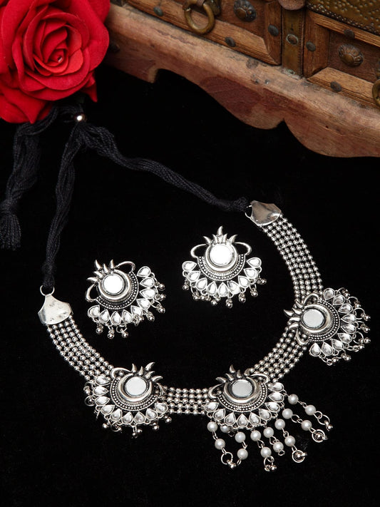 Silver-Plated White Stone-Studded & Beaded Mirror Handcrafted Jewellery Set