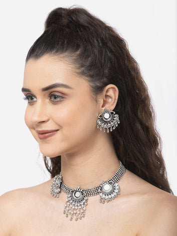 Silver-Plated White Stone-Studded & Beaded Mirror Handcrafted Jewellery Set