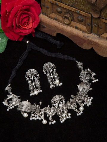 Silver-Plated Pearl-Beaded Filigree Design Handcrafted Oxidized Jewellery Set