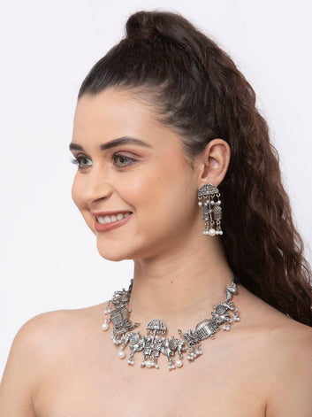 Silver-Plated Pearl-Beaded Filigree Design Handcrafted Oxidized Jewellery Set