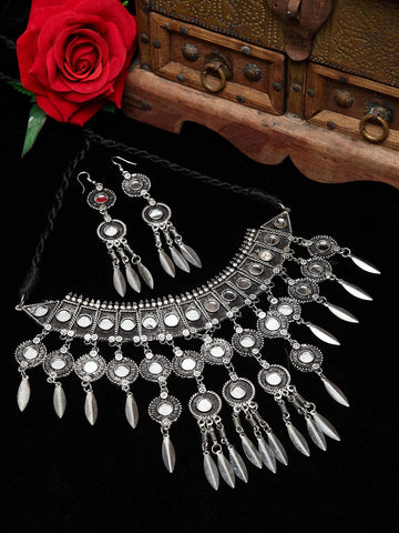 Silver Plated Mirrrors Studded Antique Tassell Design Handcrafted Jewellery Set