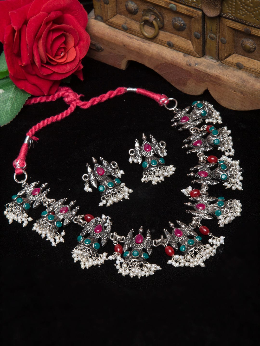 Oxidised Silver-Plated Pink & Green Stone Studded Handcrafted Temple Jewellery Set