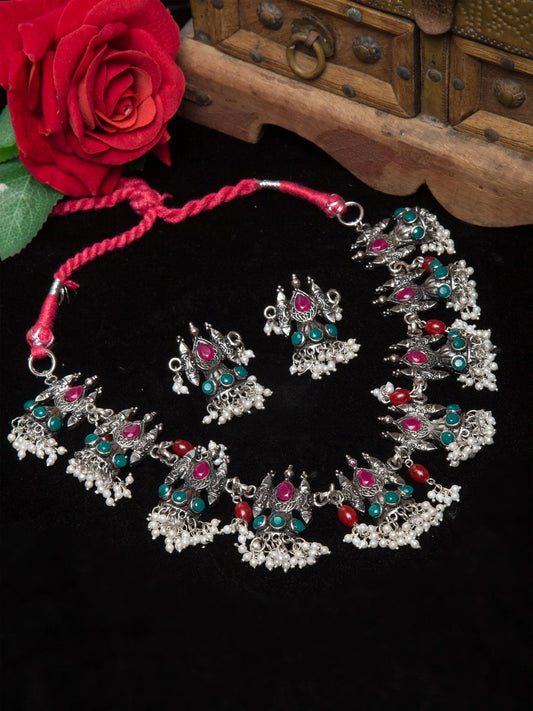 Oxidised Silver-Plated Pink & Green Stone Studded Handcrafted Temple Jewellery Set