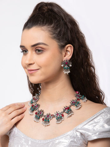 Oxidised Silver-Plated Pink & Green Stone Studded Handcrafted Temple Jewellery Set