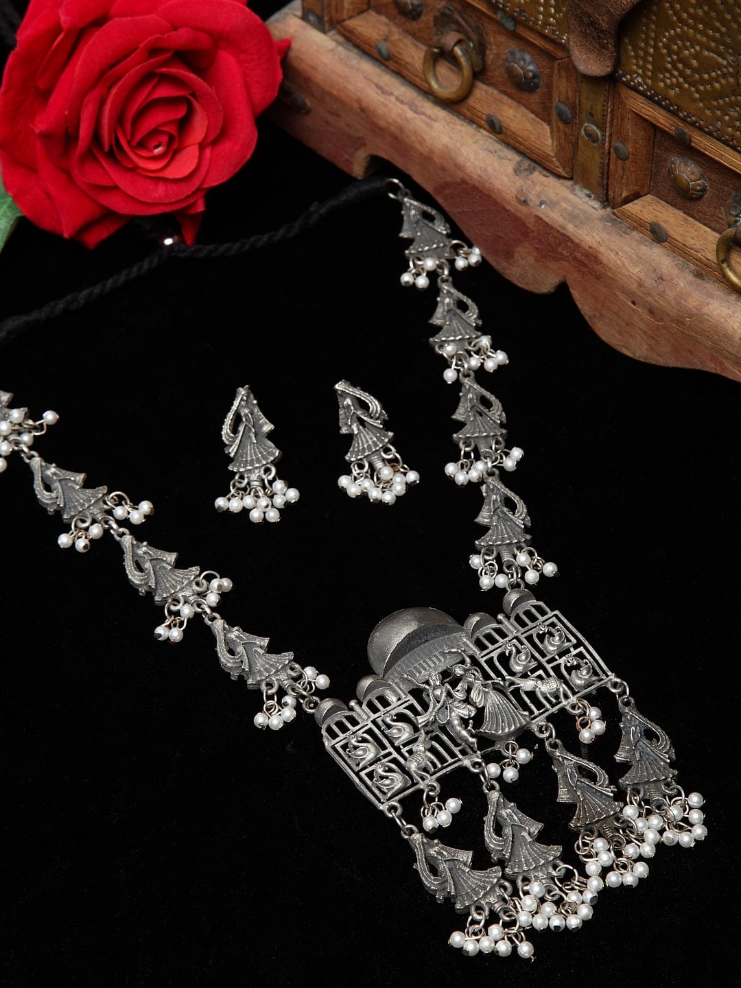 Oxidized White Stone-studded Temple Design Jewellery Set