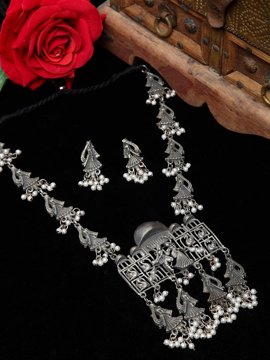 Oxidized White Stone-studded Temple Design Jewellery Set
