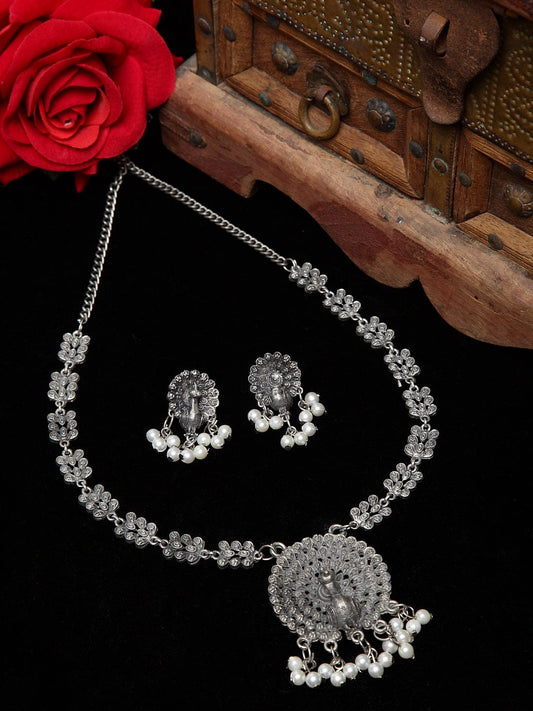 Oxidised Silver-Plated White Beaded Handcrafted Temple Jewellery Set