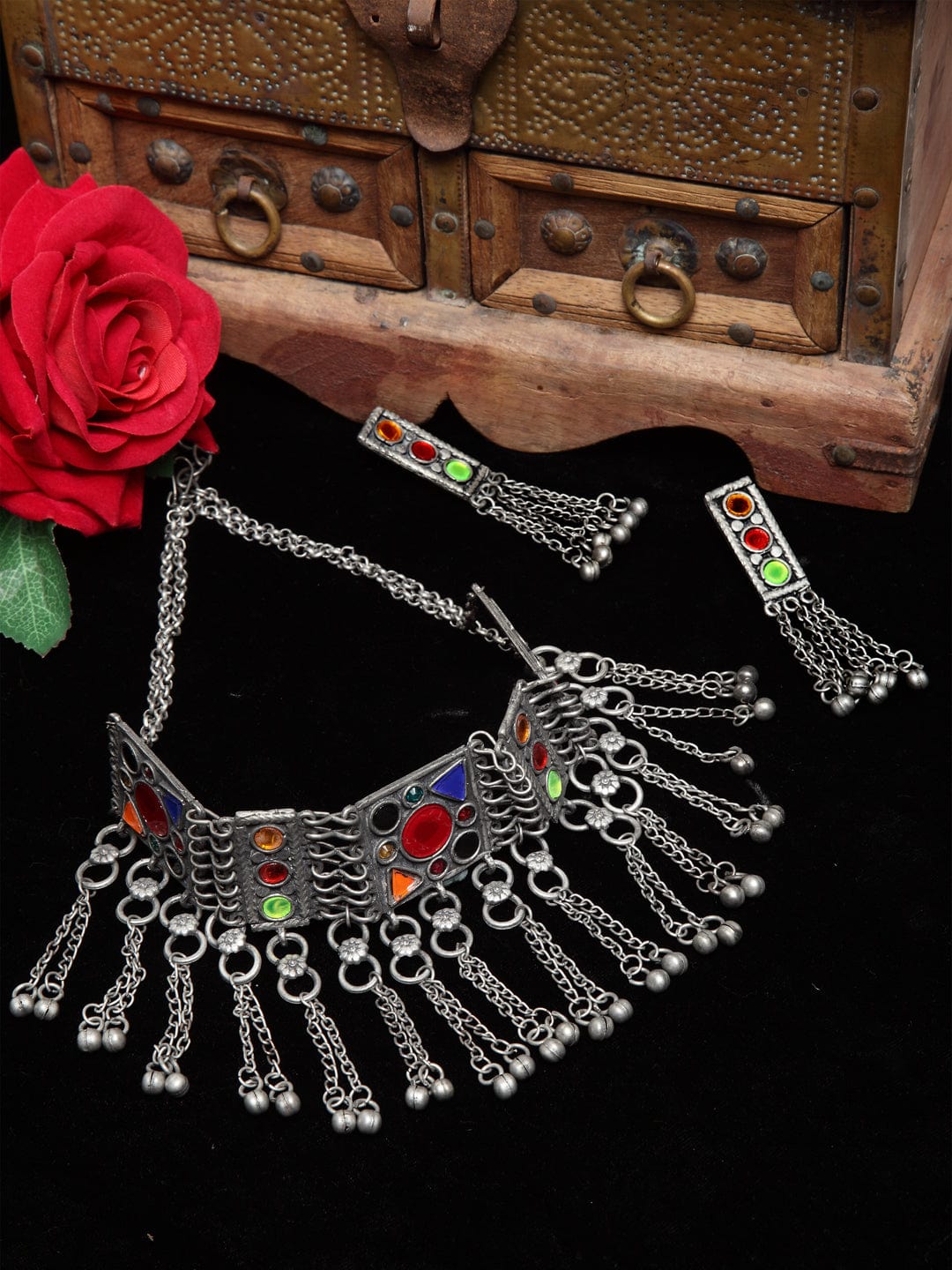 Oxidised Silver-Plated Multi-Coloured Stone-Studded & Beaded Handcrafted Afghan Jewellery Set