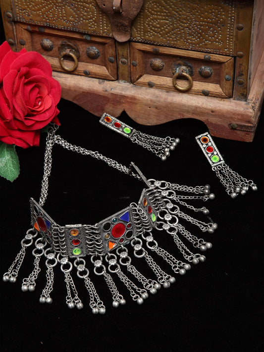 Oxidised Silver-Plated Multi-Coloured Stone-Studded & Beaded Handcrafted Afghan Jewellery Set