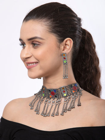 Oxidised Silver-Plated Multi-Coloured Stone-Studded & Beaded Handcrafted Afghan Jewellery Set